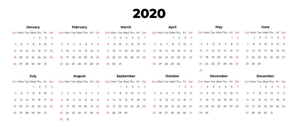 2020 calendar vector template. Abstract empty isolated set 2020 calendar. Screen Stock Illustration