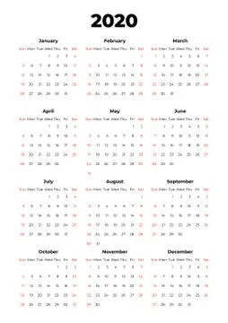 2020 calendar vector template. Abstract empty isolated set 2020 calendar. Screen Stock Illustration