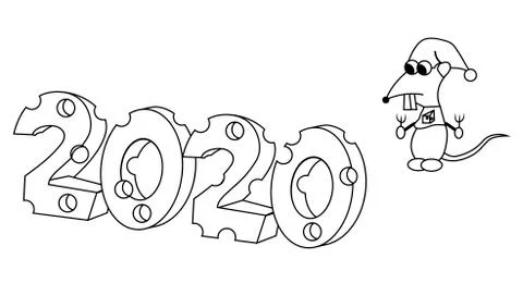 2020 in cheese shape with hungry character outline. Year of the rat. Isolated Stock Illustration