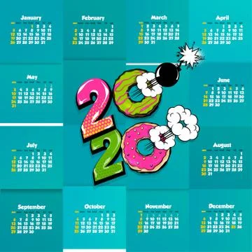 2020 comic text calendar template pop art Stock Illustration