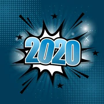 2020 comic text speech bubble on blue background Stockillustratie