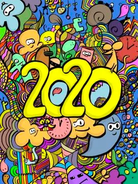 2020 Doodle with multiple characters and colors Stock Illustration