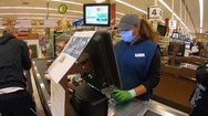 2020 - Grocery Store Supermarket Checkout Workers Are Essential During The Stock Footage