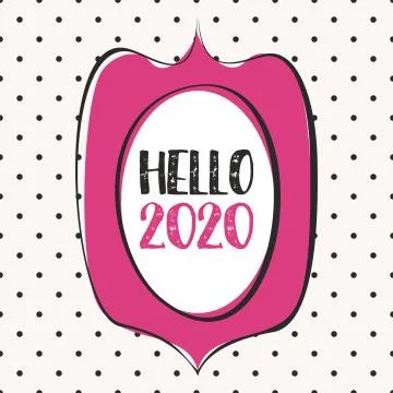2020 in hand drawn vector pink frame design card on pastel polka dots background Stock Illustration
