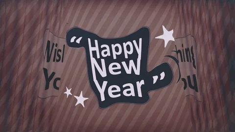 2020 Happy New Year brown striped curtain wish of lavender font on blue-gray mug Stock Footage 100034689