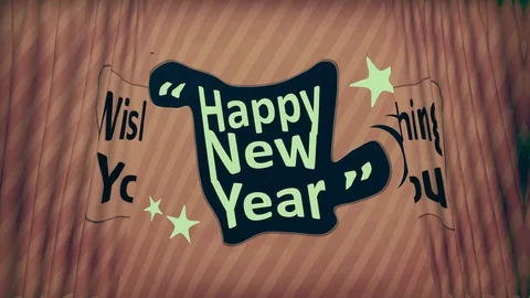 2020 Happy New Year brown striped curtain greeting of lit green font on blue mug Stock Footage 100034783