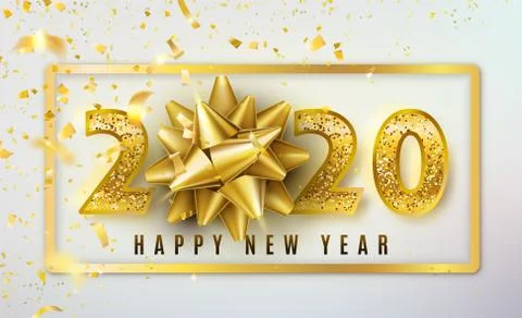 2020 Happy New Year vector background with golden gift bow, confetti, shiny Stock Illustration