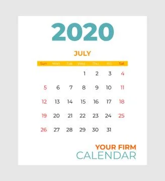 2020 july calendar vector template. Abstract empty isolated set 2020 calendar Stock Illustration