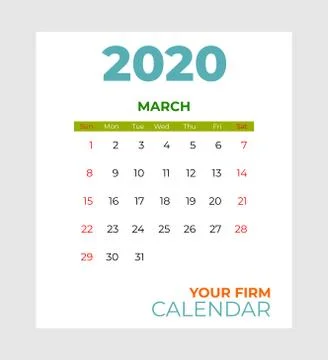 2020 march calendar vector template. Abstract empty isolated set 2020 calendar Stock Illustration