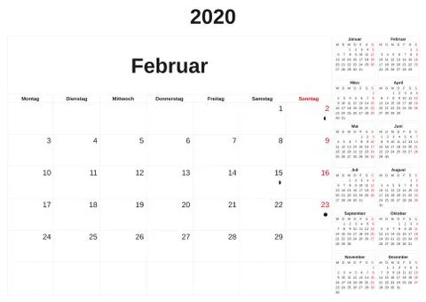 2020 a monthly calendar  with white background in German. Stock Illustration