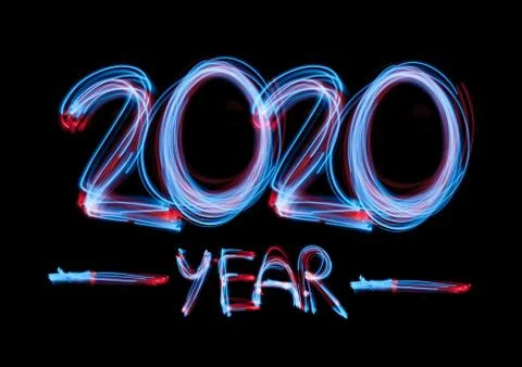 2020 in neon multi colour, parallel lines pattern on black background Illustrazione stock