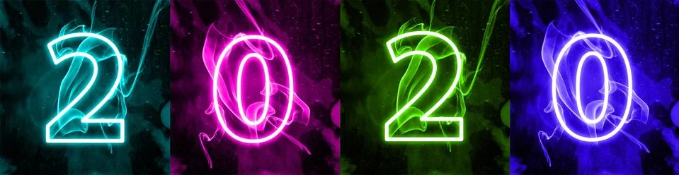 2020 in neon multi colour, parallel lines pattern on black background Illustrazione stock
