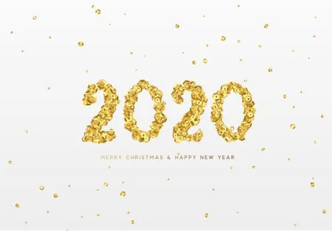 2020 New Year. Text of sequins shiny golden confetti, tinsel sparkles with br Stock Illustration