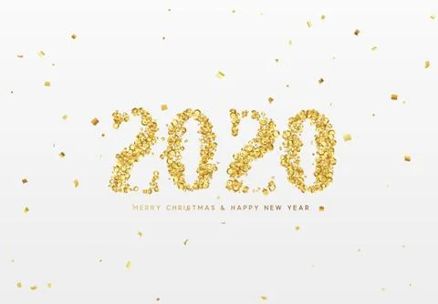 2020 New Year. Text of sequins shiny golden confetti, tinsel sparkles with br Stock Illustration