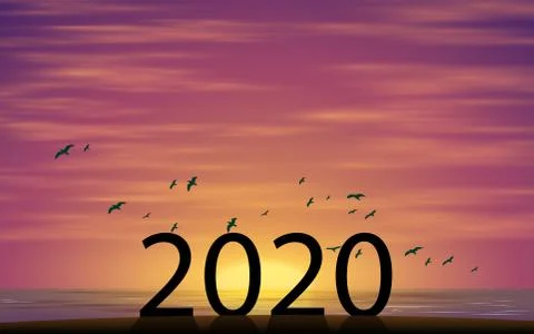 2020 number on the beach in sunset Stock Illustration