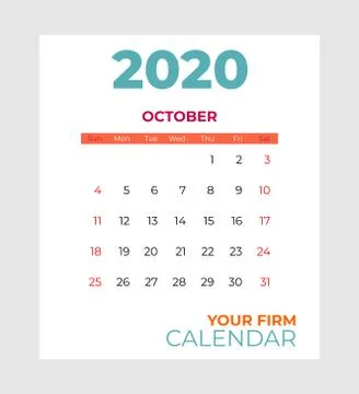 2020 october calendar vector template. Abstract empty isolated set 2020 calendar Stock Illustration
