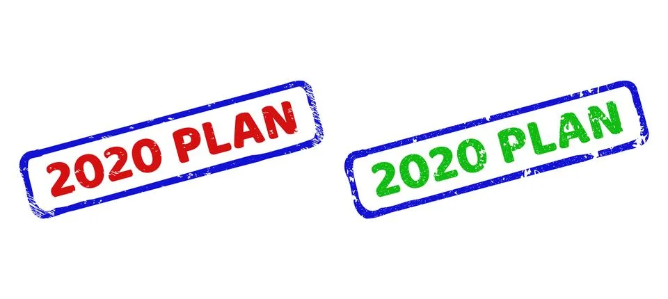 2020 PLAN Bicolor Rough Rectangle Stamps with Grunge Styles Stock Illustration
