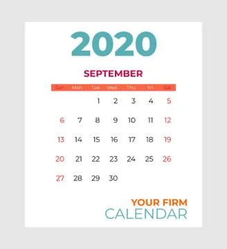 2020 september calendar vector template. Abstract empty isolated set 2020 Stock Illustration
