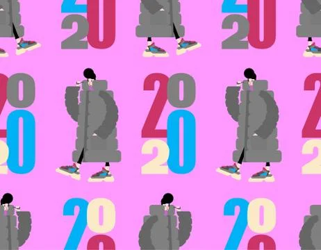 2020 year pattern seamless. Stylish man High-soled sneakers and big down jack Stock Illustration