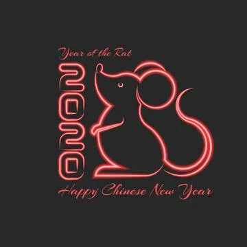 2020 Year of the Rat or mouse cartoon red glowing neon zodiac symbol, Happy C Stock Illustration