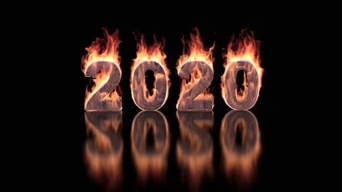 2020 year text burning in fire on glossy surface – 3d animation Stock Footage 145755056