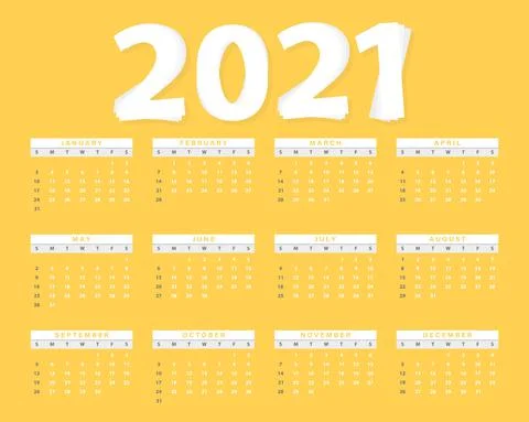 2021 annual calendar vector design, modern paper layers style design on yello Stock Illustration