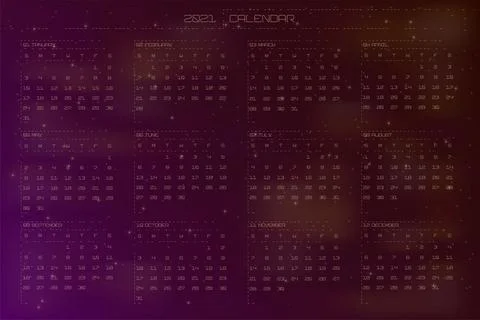 2021 calendar dark space astro style. Night cosmic violet orange gradient sky Stock Illustration