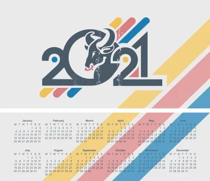 2021 calendar retro style vector bull Stock Illustration