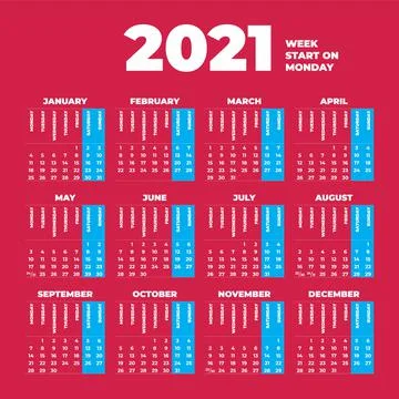 2021 Calendar template with weeks start on Monday Stock Illustration