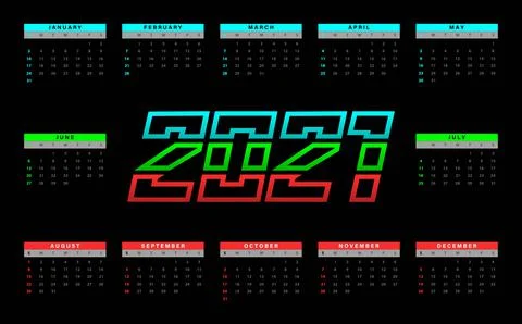 2021 calendar vector design. Red, green, blue color circular style Stock Illustration