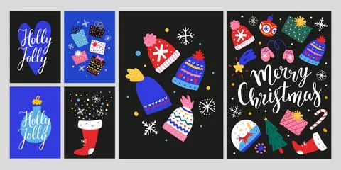2021 Christmas card collection, scandinavian postcard with illustrations of Stock Illustration