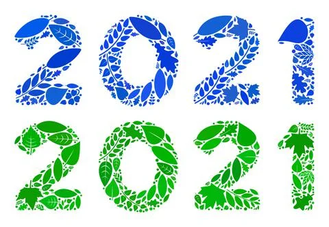 2021 Digits Text Icon Botany Collage of Leaves Stock Illustration