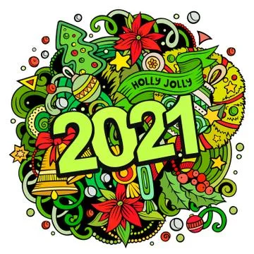 2021 hand drawn doodles illustration. New Year objects and elements poster Illustrazione stock