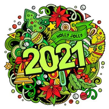 2021 hand drawn doodles illustration. New Year objects and elements poster Stock Illustration