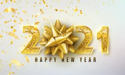 2021 Happy New Year vector background with golden gift bow, confetti, shiny Stock Illustration