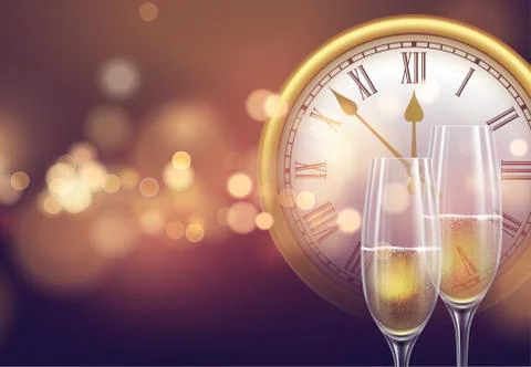 2021 New Year background with a clock and glasses of champagne and glowing bokeh Stock Illustration