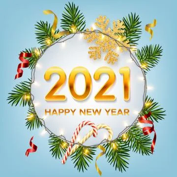 2021 New Year background with pine branches, shining garlands, candy, snowflake Stock Illustration
