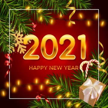 2021 New Year background with pine branches, shining garlands, gifts box Stock Illustration