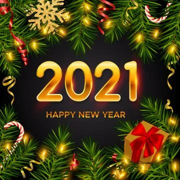 2021 New Year background with pine branches, shining garlands, gift, snowflake Illustrazione stock