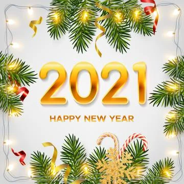 2021 New Year background with pine branches, garlands, snowflake, tinsel Stock Illustration