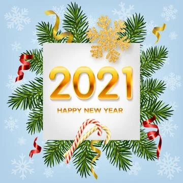 2021 New Year background with pine branches, shining garlands, snowflake Stock Illustration