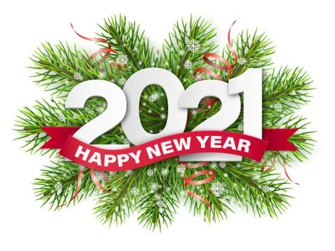 2021 numbers and red ribbon with Happy New Year text on Christmas tree branches. Stock Illustration