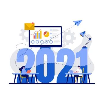 2021 online learning and distant education concept with character. Student .. Stock Illustration