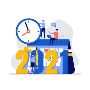2021 plan concept with character, clock, calendar. Work project, time manag.. Stock Illustration