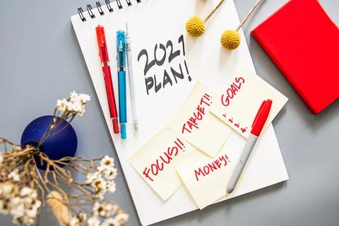 2021 plan notepad list concept, handwriting notepad. Inscription "2021 Plan"  Stock Photos