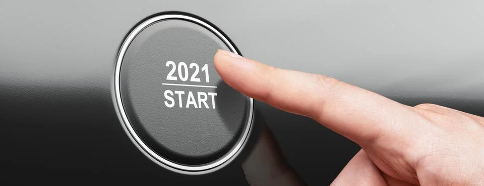 2021 - Press the start button. Concept of the New Year. 3D illustration Stock Photos