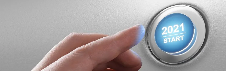 2021 - Press the start button. Concept of the New Year. 3D illustration Stock Photos