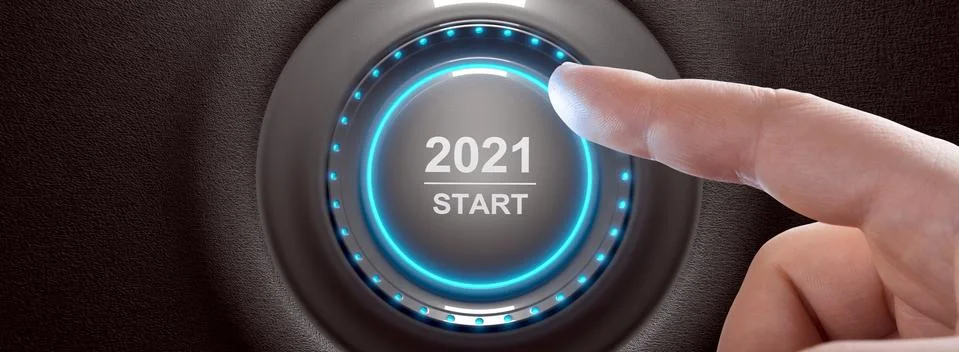 2021 - Press the start button. Concept of the New Year. 3D illustration Stock Photos