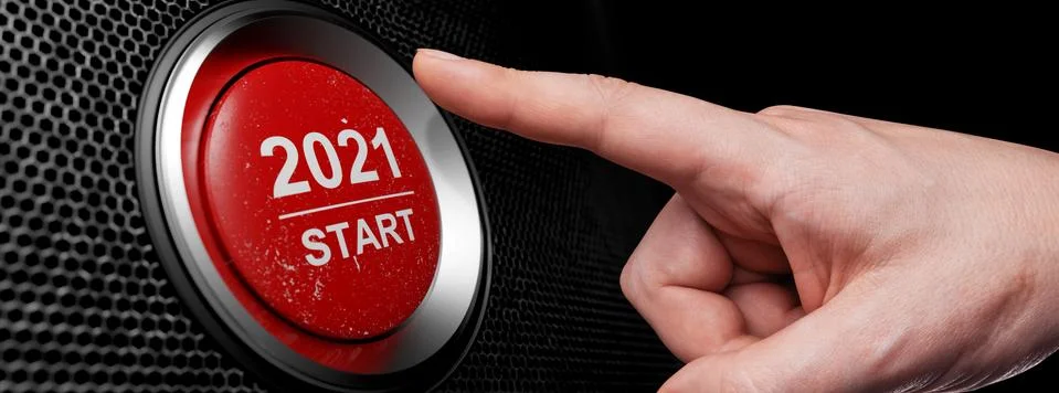 2021 - Press the start button. Concept of the New Year. 3D illustration Stock Photos