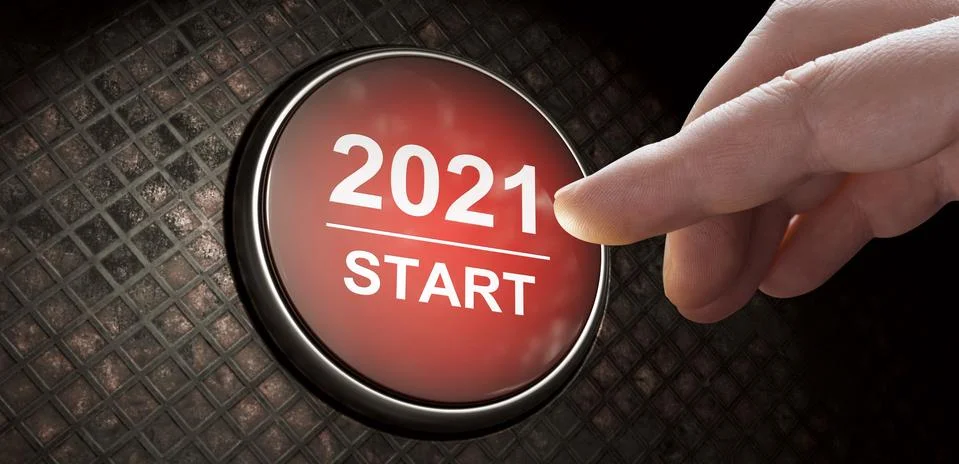 2021 - Press the start button. Concept of the New Year. 3D illustration Stock Photos